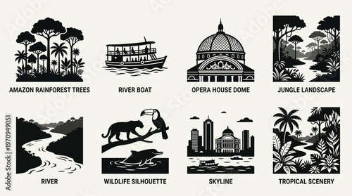 Manaus Landmarks and Amazon Rainforest Silhouette Vector Icon Set – Lush Vectors Featuring Opera House Dome, River Boats, Wildlife, Jungle Landscape, and Tropical Scenery in Minimalist Black Profiles