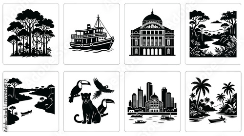 Manaus Landmarks and Amazon Rainforest Silhouette Vector Icon Set – Lush Vectors Featuring Opera House Dome, River Boats, Wildlife, Jungle Landscape, and Tropical Scenery in Minimalist Black Profiles