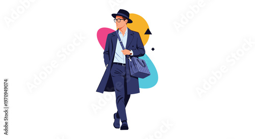 Sophisticated man in a long coat and hat walking confidently with a stylish bag against a modern abstract background.