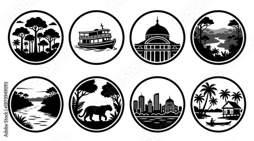 Manaus Landmarks and Amazon Rainforest Silhouette Vector Icon Set – Lush Vectors Featuring Opera House Dome, River Boats, Wildlife, Jungle Landscape, and Tropical Scenery in Minimalist Black Profiles