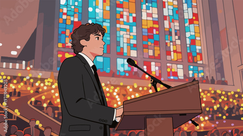 Person stands at podium and speaks to crowd in a large hall with colorful windows during a public event in the evening