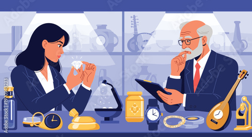 Senior male jeweler examining a diamond while sitting at a desk with a female colleague in a high end jewelry store.