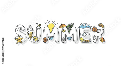 Summer, colorful illustration, doodle style, seasonal icons, vector graphics
