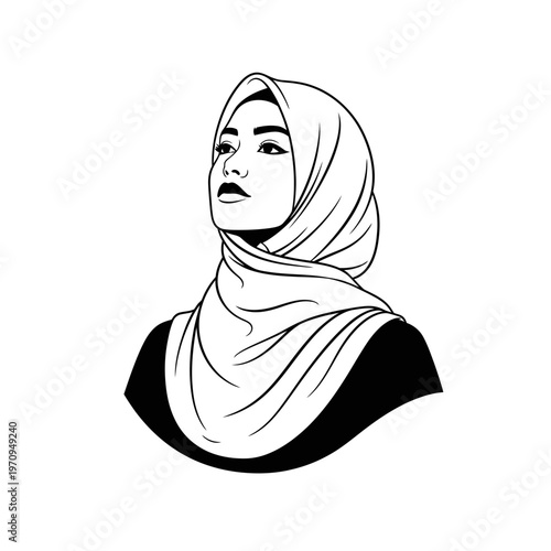 Woman wearing a hijab headscarf looking up.