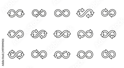 Infinity loop icons set with arrows. Continuous cycle and repetition symbols. Vector illustration.