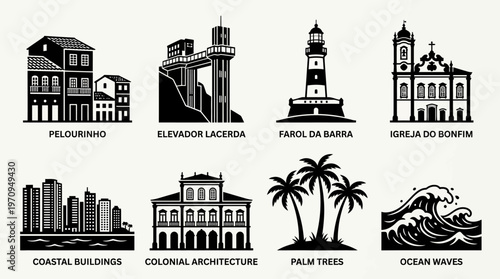 Salvador Landmarks and Coastal Architecture Silhouette Vector Icon Set – Elegant Vectors Featuring Pelourinho Houses, Elevador Lacerda, Farol da Barra Lighthouse, Colonial Church, and Ocean Waves in M