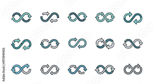 Infinity symbol collection with arrows, continuous loop icons, endless cycle concept