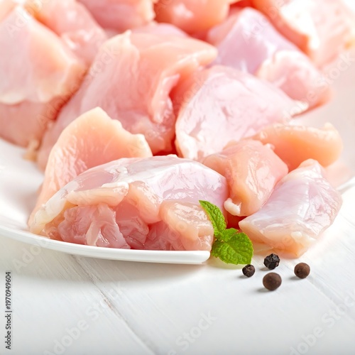 Freshly Cut Chicken Pieces on a White Plate.
