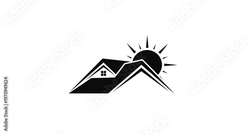 Simple black icon of house on mountain.