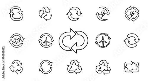 Recycling and Renewable Energy Icons Set: Sustainable Eco-Friendly Line Art Symbols