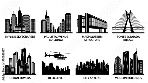 São Paulo Landmarks and Modern Skyline Silhouette Vector Icon Set – Sleek Vectors Featuring Paulista Avenue, Museum of Art, Cable‑Stayed Bridge, Helicopter, and City Towers in Minimalist Black Profile