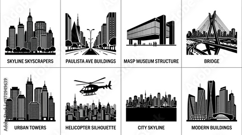 São Paulo Landmarks and Modern Skyline Silhouette Vector Icon Set – Sleek Vectors Featuring Paulista Avenue, Museum of Art, Cable‑Stayed Bridge, Helicopter, and City Towers in Minimalist Black Profile