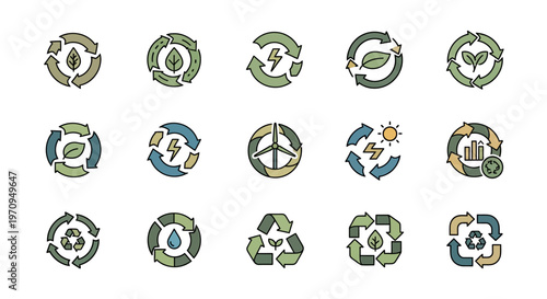Recycling and Sustainability Icons Set: Eco-Friendly Energy and Environment Symbols