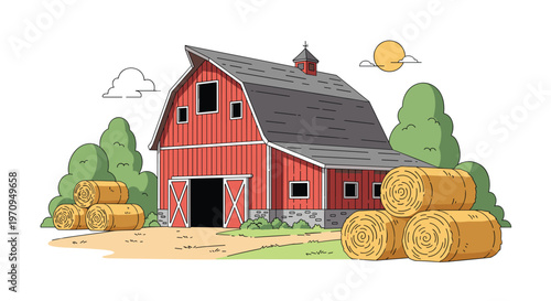Traditional red farm barn building surrounded by green trees and large rolls of hay bales under a bright sunny sky.