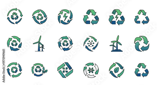 Recycling and Renewable Energy Icons Set: Sustainable Eco-Friendly Symbols Collection