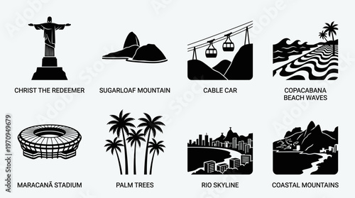 Rio de Janeiro Landmarks and Coastal Nature Silhouette Vector Icon Set – Iconic Vectors Featuring Christ the Redeemer, Sugarloaf Mountain, Cable Cars, Copacabana Beach, and Skyline in Minimalist Black