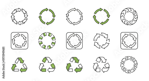 Recycling Symbols and Green Arrows Icon Set for Environmental Sustainability