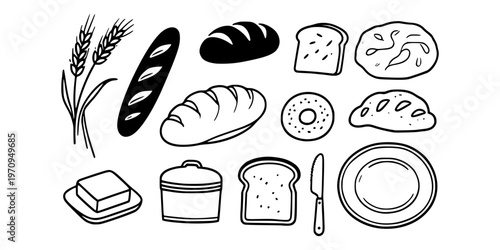 Bread, pastries and wheat shown in simple doodle style on white background, representing bakery and food concept