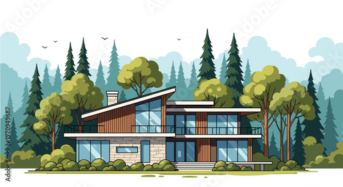 Beautiful modern two story residence with large glass windows and wooden accents nestled in a lush evergreen forest.