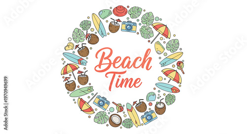 Beach icons, summer symbols, vacation elements, circular design