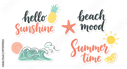 Summer beach stickers, sunshine icons, tropical wave graphics, hello summer time labels