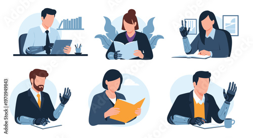 Diverse collection of illustrations showing professional men and women with bionic prosthetic arms working and reading.