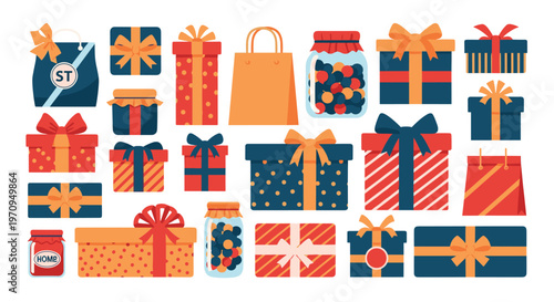 Extensive collection of colorful wrapped gift boxes, bags, and jars filled with candies for various celebrations and holidays.