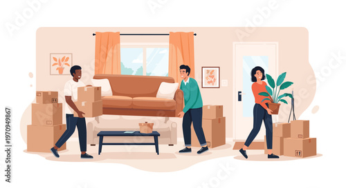 Group of diverse friends helping each other move into a new house by carrying cardboard boxes and a large sofa together.
