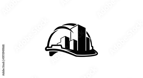 Construction hard hat with cityscape design.