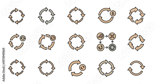 Refresh Cycle Process Arrows Line Icons Set. Loop, Update, Repeat, Workflow Symbols.