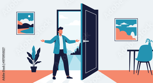Confident businessman standing in an open doorway with his arms spread wide welcoming new opportunities and a bright future.