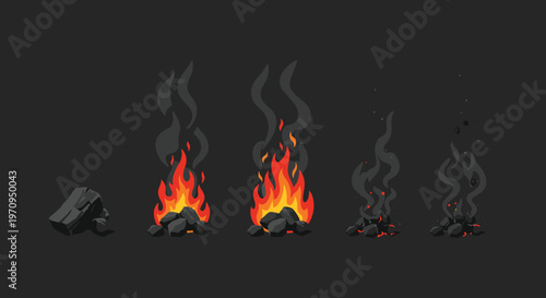 Evolution of a campfire shown in stages from simple coal to bright flames and finally fading into smoke and glowing embers.