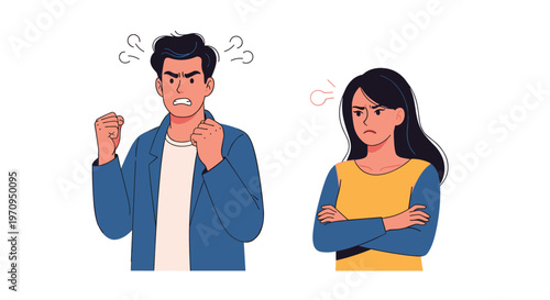 Man and woman expressing anger and frustration during a heated argument with aggressive gestures and disappointed facial expressions.