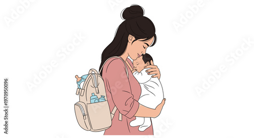 Loving mother tenderly holding her sleeping newborn baby against her chest while carrying a diaper bag full of baby essentials.