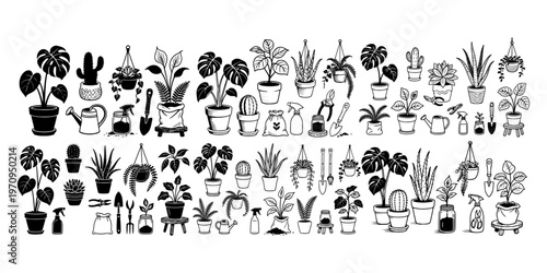 Assorted potted plants and gardening tools in hand drawn style on white background, symbolizing home gardening concept