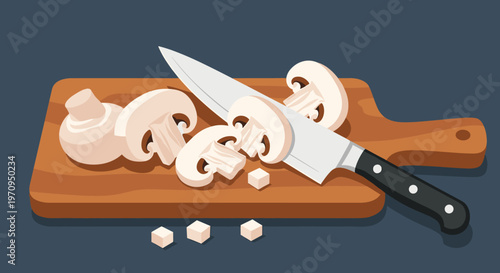 Fresh white mushrooms being sliced with a sharp kitchen knife on a wooden cutting board for cooking a healthy meal.