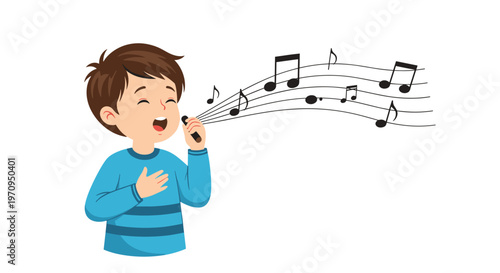 Young boy in a blue striped shirt singing a song with musical notes flowing out of his mouth on a white background.