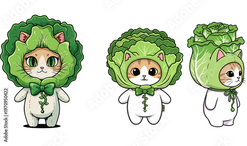 Set of cute cartoon cats wearing cabbage vegetable costumes, kawaii kitty character mascot, vector illustration on white background