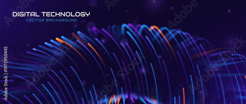 Digital Transformation Background With Neon Data Streams And Glowing Particles Flowing Across Dark Space. Futuristic Big Data Analytics, Artificial Intelligence and Modern Computing Systems. Vector