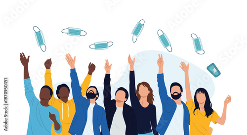 Group of diverse people celebrating the end of a pandemic by throwing their medical face masks into the air together.