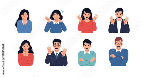 Set of various men and women expressing intense shock, fear, and surprise through their facial expressions and hand gestures.