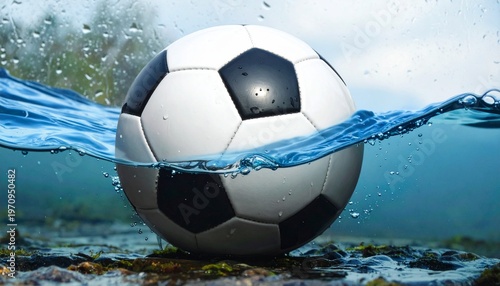 Dynamic Water Splash on Soccer Ball with Aqua Blue Waves and Subtle Underwater View for Sports, Movement, and Refreshment Themes