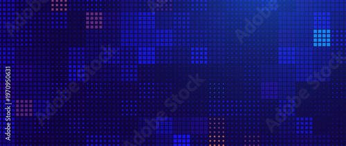 Abstract Digital Pixel Mosaic Background. Blue Halftone Squares Dotted Grid Pattern. Futuristic Technology Backdrop Design. Tech Cyber Data Texture. Vector Illustration