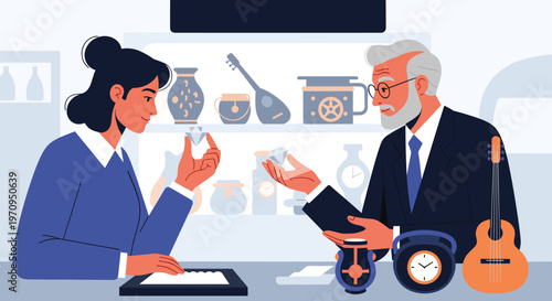 Professional appraiser and a young woman examining precious diamonds and antique artifacts in a high end vintage shop.