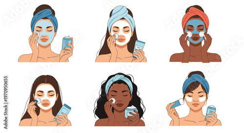 Group of diverse women performing their skincare routine by applying face masks and using cotton pads for a healthy glow.