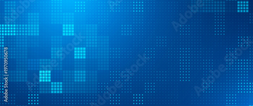 Abstract Digital Pixel Mosaic Background. Blue Halftone Squares Dotted Grid Pattern. Futuristic Technology Backdrop Design. Tech Cyber Data Texture. Vector Illustration