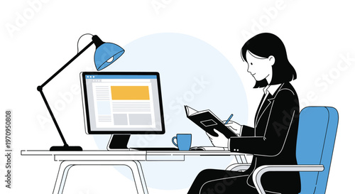 Professional businesswoman working at her desk with a computer and taking notes in a planner under the light of a desk lamp.