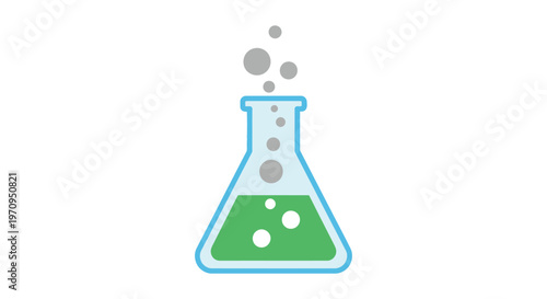 Colorful vector graphic illustration of a conical flask with green liquid and rising bubbles