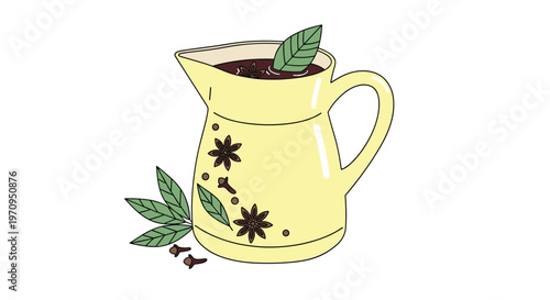 Warm jug of spiced mulled wine or cider decorated with star anise, cloves, and bay leaves for a cozy winter atmosphere.