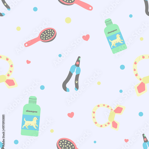 Refreshing pastel pet grooming kit seamless pattern with shampoo and bandana. Aesthetic flat design vector for pet salon branding, hygiene products, and textile